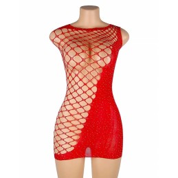 Robe Asymétrique en Résille Rouge avec Strass