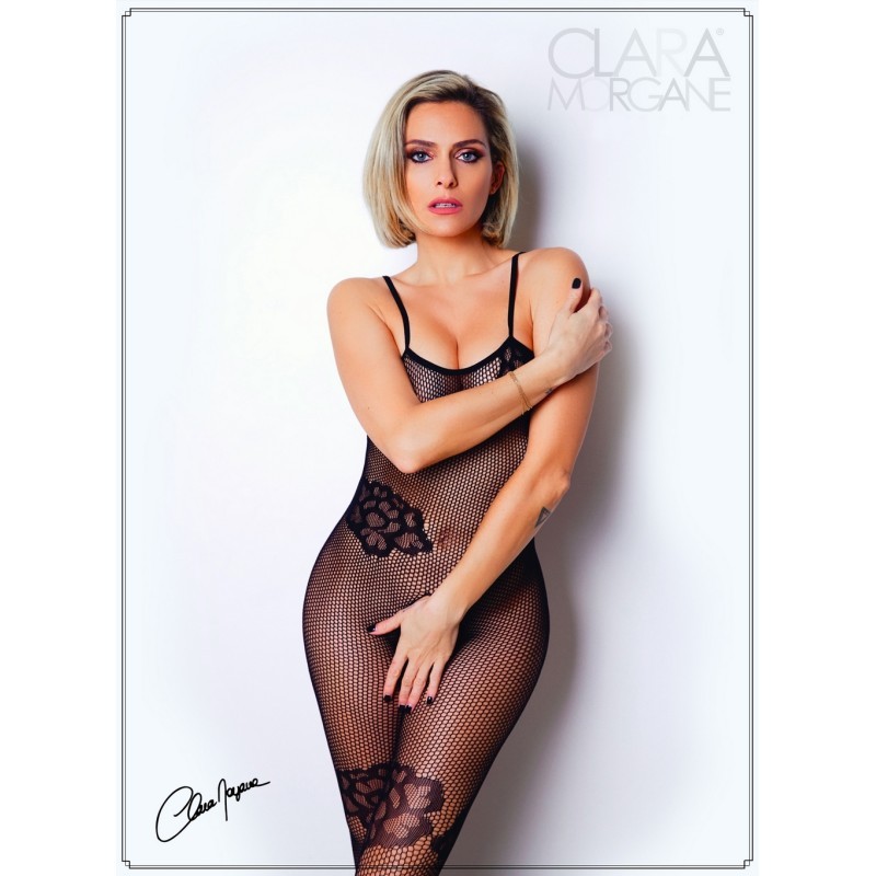 Bodystocking Résille Noire avec Fines Bretelles - Clara Morgane